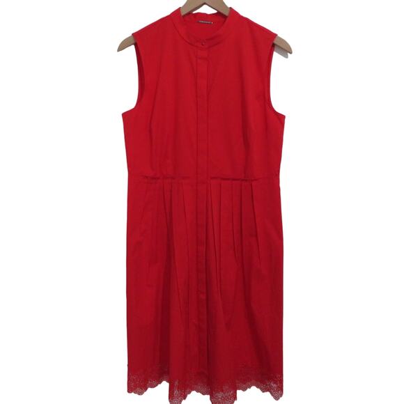 Elie Tahari Womens Sz 10 Glossy Red Samiyah Dress Pleated Red Dress Lace Hem - Picture 1 of 10
